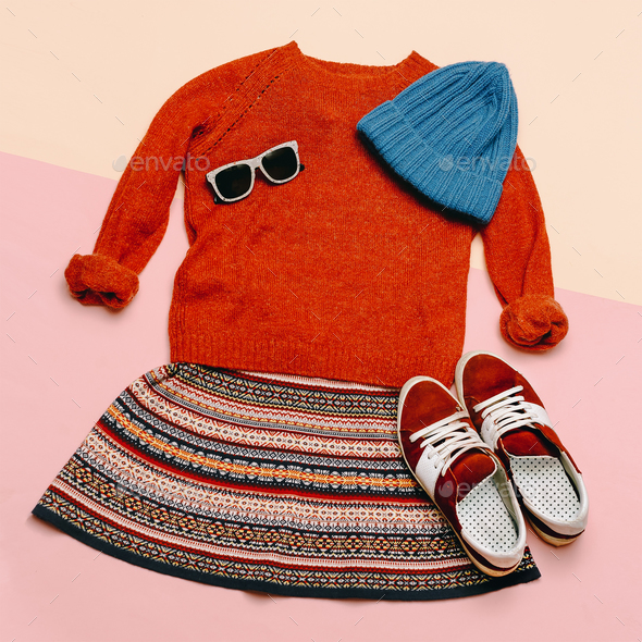 Stylish clothes set. City casual fashion. Spring. Dress and acce - Stock Photo - Images