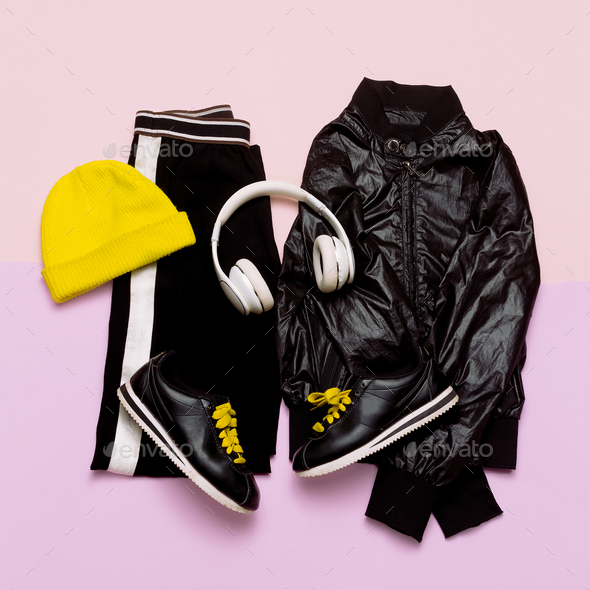 Fashion Outfit for women. Stylish black clothes and bright acces - Stock Photo - Images