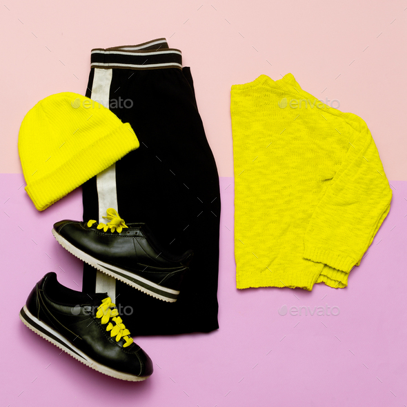 Fashion Outfit for women. Black stylish clothes and bright acce - Stock Photo - Images