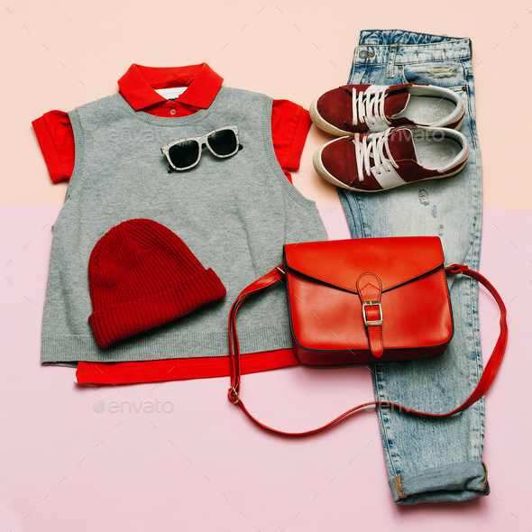 Stylish clothes set. City casual fashion. Spring. Denim and acce - Stock Photo - Images