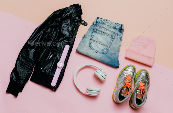 Fashion Outfit for a girl. Stylish black clothes and bright acc - Stock Photo - Images