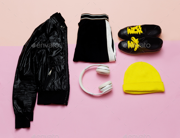 Fashion Outfit for women. Stylish black clothes and bright acces - Stock Photo - Images