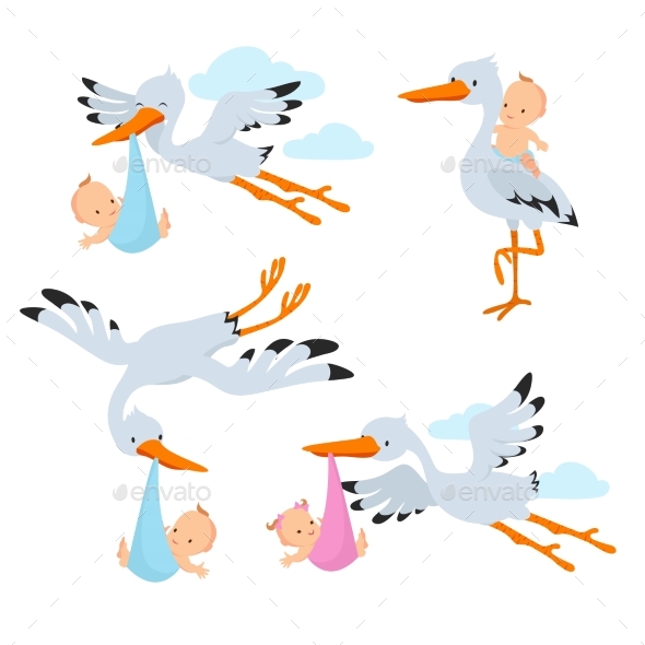Cartoon Flying Storks Carrying Babies - Animals Characters