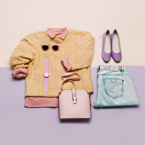 Stylish female clothes set. Woman/girl outfit on stylish backgro - Stock Photo - Images