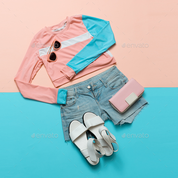 Stylish clothes. Geometry. Creative. Minimal. White Sandals. Sum - Stock Photo - Images