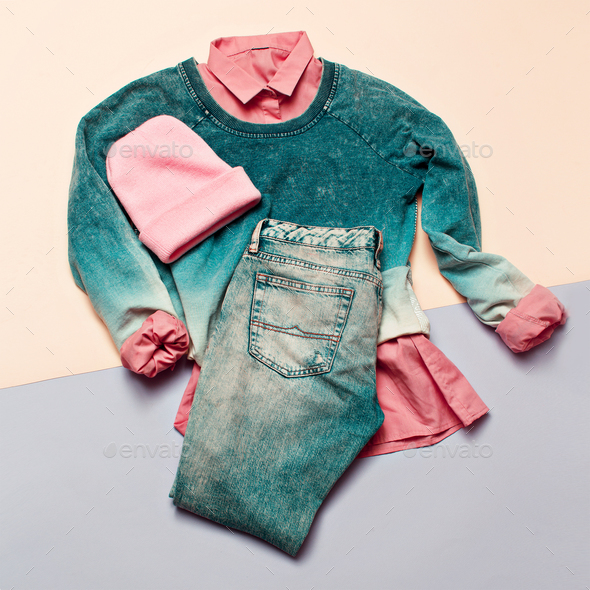 Fashion woman accessories set. Vanilla Lady. jeans, Sweater Bean - Stock Photo - Images