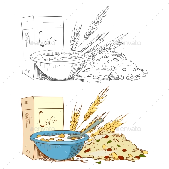 Sketch Porridge Corn Flakes and Muesli Isolated - Food Objects