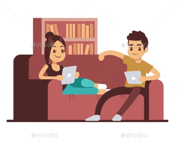 Couple on Sofa with Tablets - People Characters