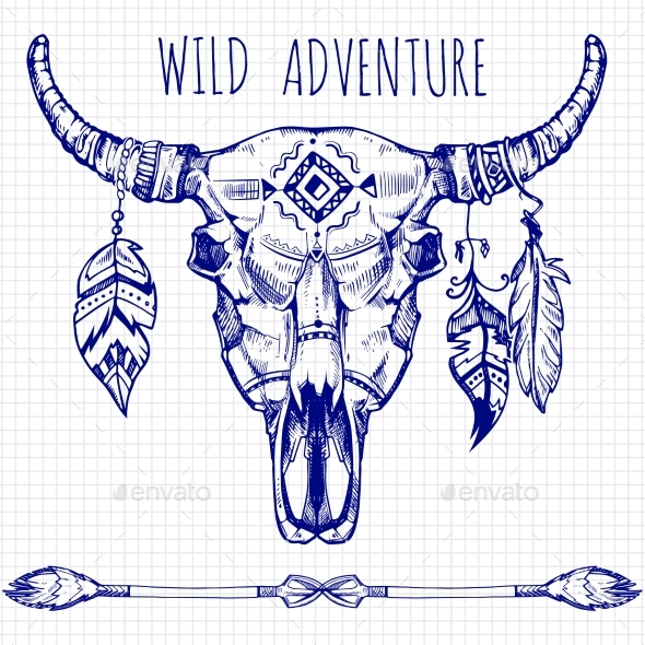 Hand Drawn Buffalo Skull with Feathers and Arrows - Miscellaneous Vectors