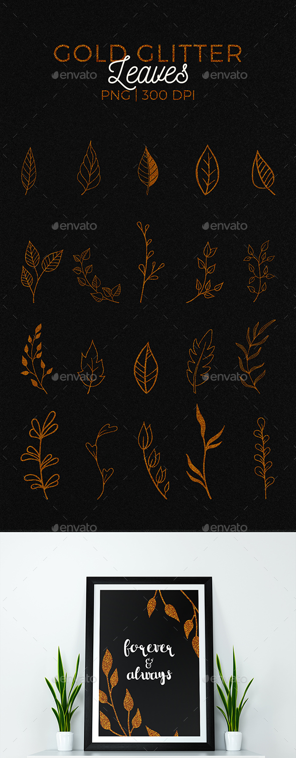 20 Gold Glitter Leaves - Miscellaneous Illustrations