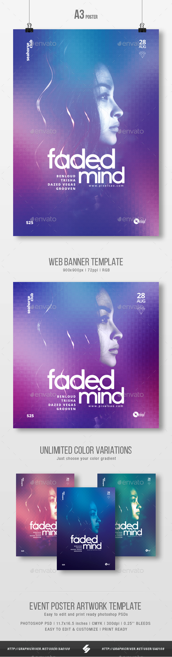 Faded Mind - Minimal Party Flyer / Poster Template A3 - Clubs & Parties Events