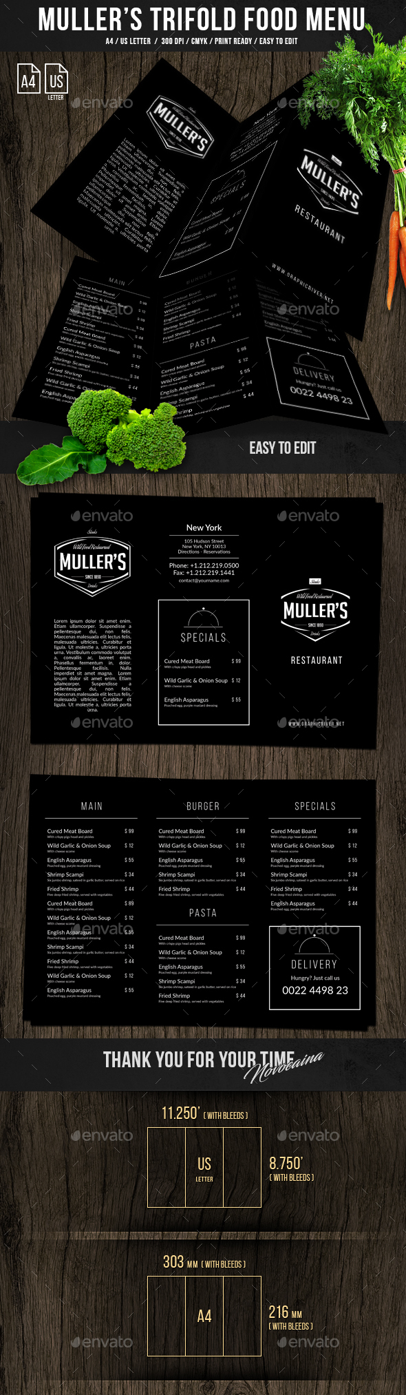 Muller's Trifold A4 & US Letter Menu - Food Menus Print Templates