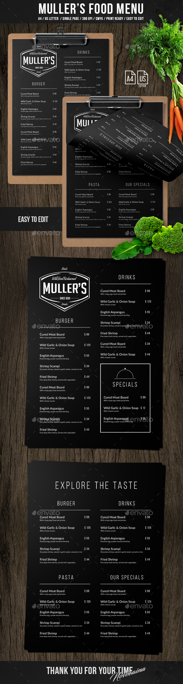 Muller's Single Page A4 & Letter Menu - Food Menus Print Templates