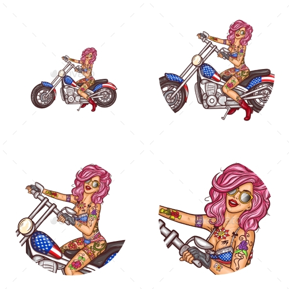 Vector Biker Girl Pop Art Avatar Icons - People Characters