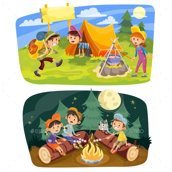 Kids Summer Camping Vector Concept Illustration - Sports/Activity Conceptual