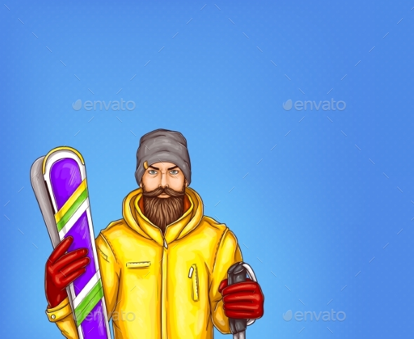 Pop Art Skier Man Vector Illustration - Sports/Activity Conceptual