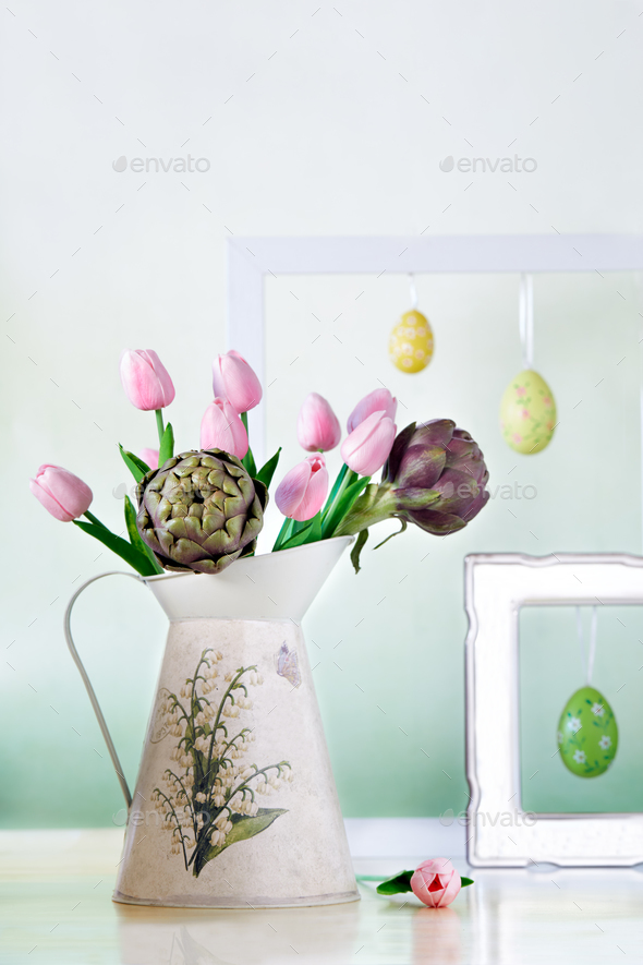 Pitcher With Tulips And Artichokes - Stock Photo - Images