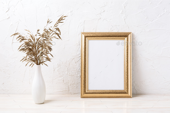 Golden frame mockup with dried grass - Stock Photo - Images