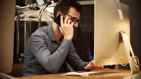 Office Worker Overtime Work In Internet. Businessman Working Alone. Graphic Designer Overworked. alt