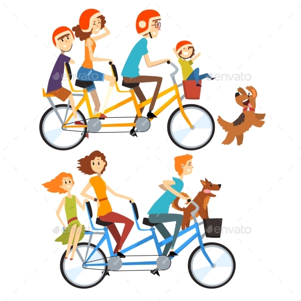 Two Happy Families Riding on Tandem Bicycles