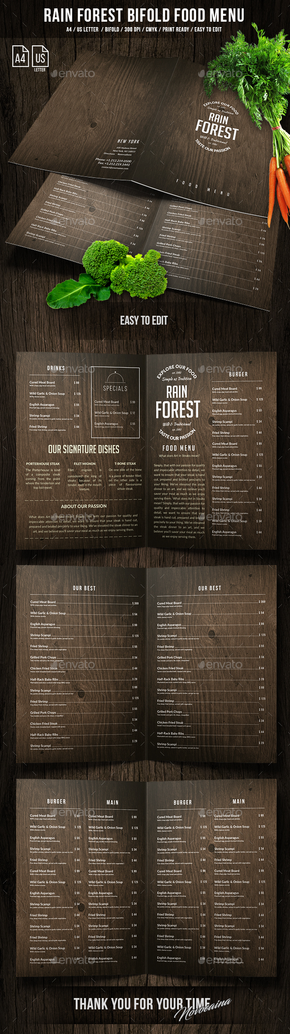 Rain Forest A4 & US Letter Bifold Menu - Food Menus Print Templates