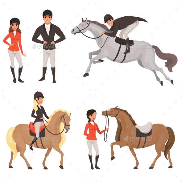 Set of Jockeys and Horses in Different Actions - Sports/Activity Conceptual