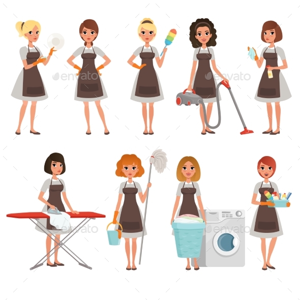 Set of Housewives with Different Equipment - People Characters