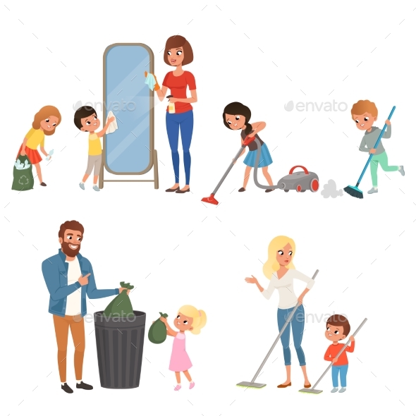 Children Helping Their Parents with Housework - People Characters