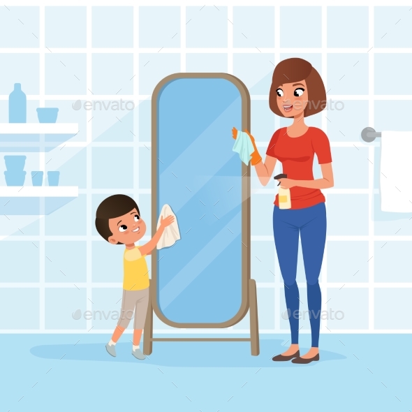 Smiling Little Boy Helping His Mother at Housework - People Characters