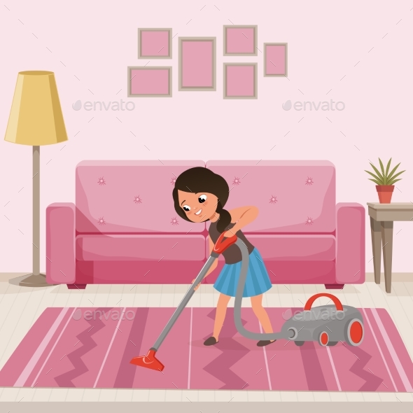 Cheerful Teen Girl Cleaning Carpet with Vacuum - People Characters