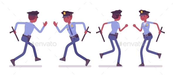 Young Black Police Officers Running - People Characters