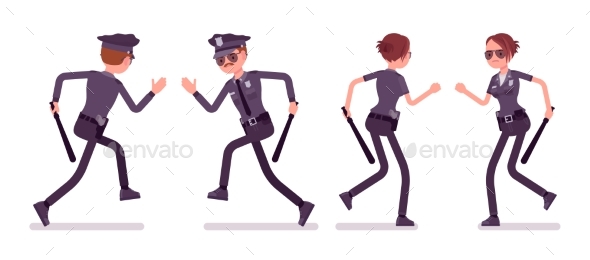 Young Police Officers Running - People Characters
