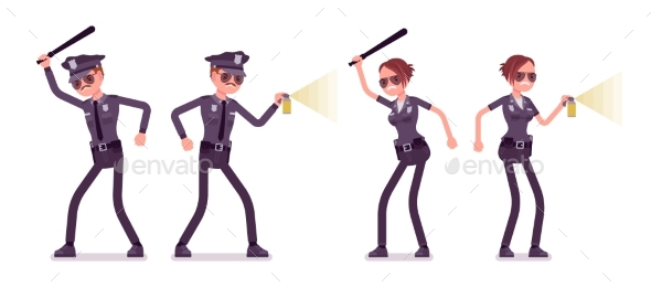 Young Police Officers at Attack and Defence - People Characters