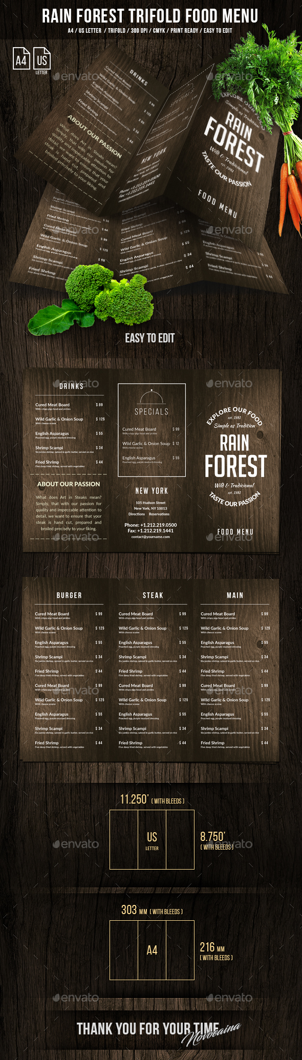 Rain Forest A4 & US Letter Trifold Menu - Food Menus Print Templates