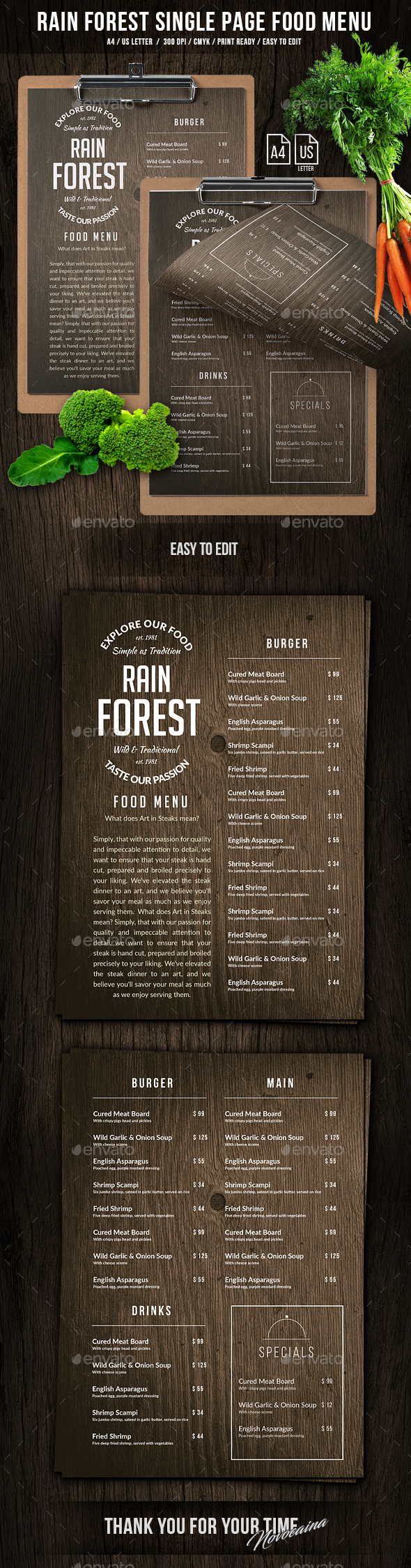 Rain Forest A4 & US Letter Single Page Menu - Food Menus Print Templates