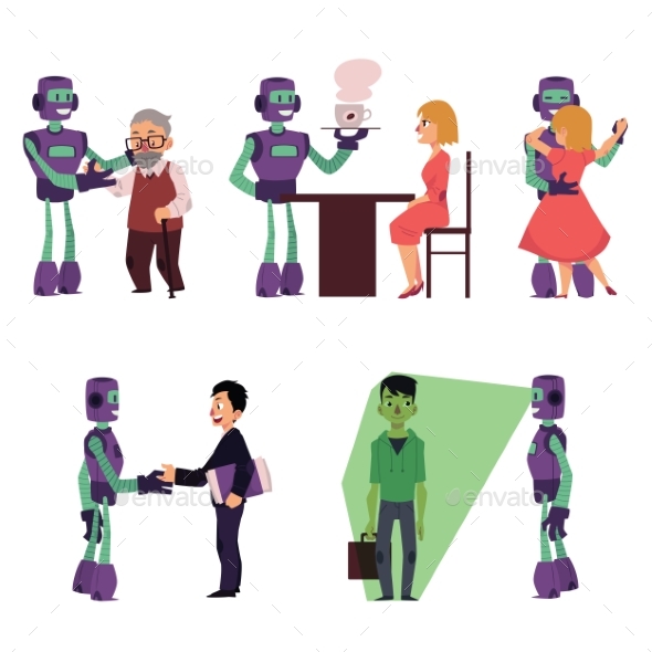 Set of Robot Assistants Helping People - Technology Conceptual