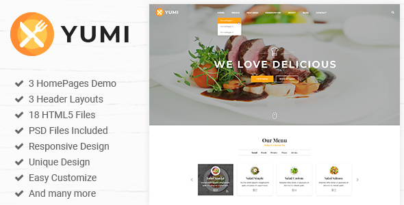 Yumi Restaurant adalah template HTML5/CSS3 bersih yang cocok untuk Restoran, Layanan Pemesanan Online.  Anda dapat menyesuaikannya dengan sangat mudah agar sesuai dengan kebutuhan Anda.