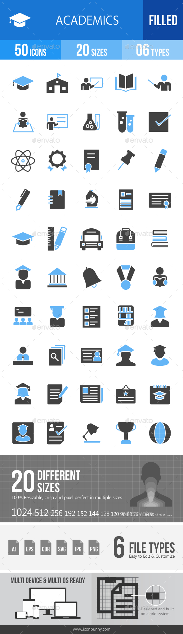 50 Academics Filled Blue & Black Icons - Icons