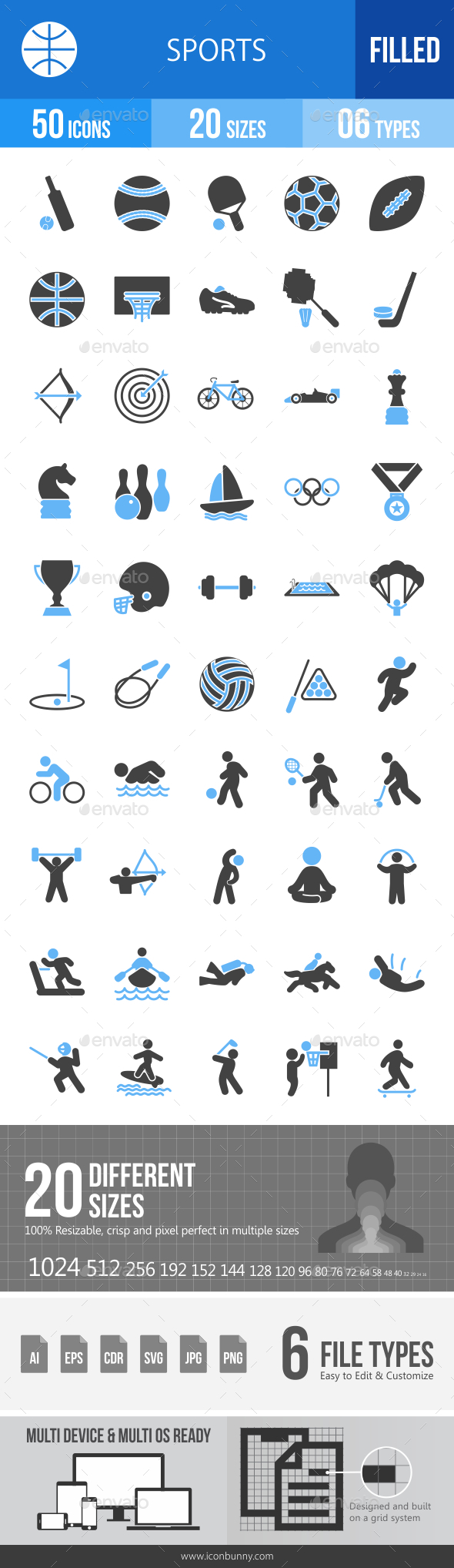 50 Sports Filled Blue & Black Icons - Icons