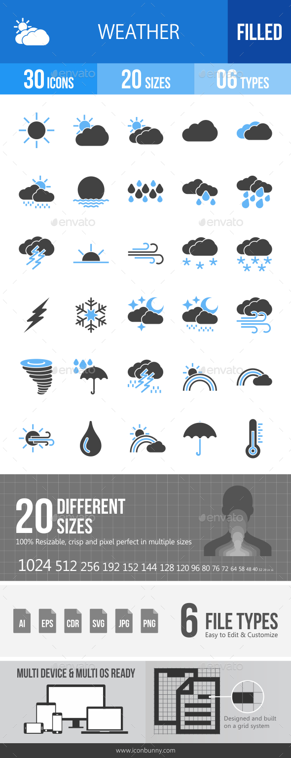 30 Weather Filled Blue & Black Icons - Icons