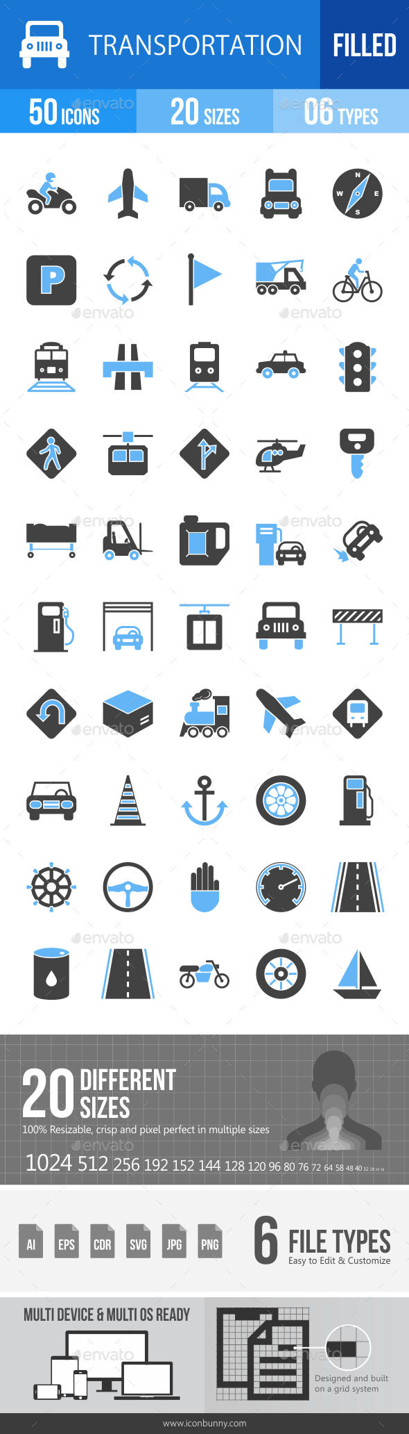 50 Transportation Filled Blue & Black Icons - Icons