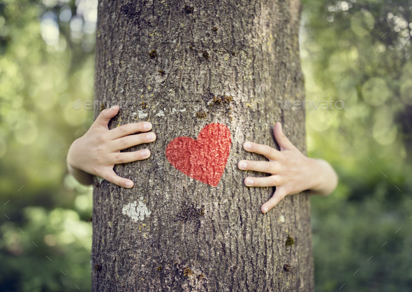 Tree hugging, love nature - Stock Photo - Images