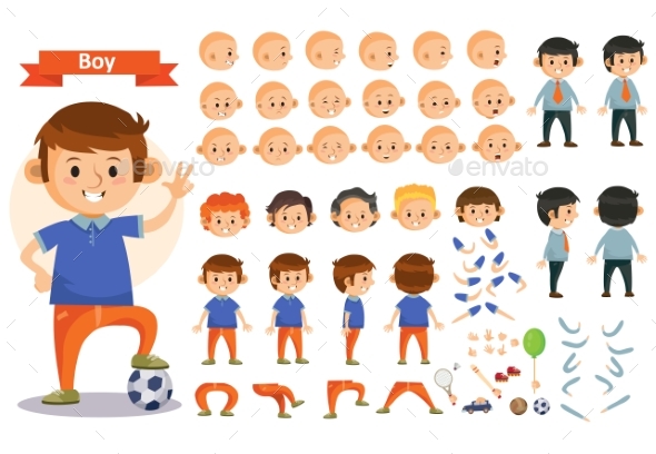 Boy Kid Playing Football and Toys Vector Cartoon - People Characters