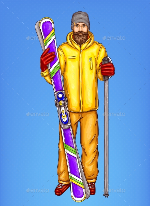Pop Art Skier Man Vector Sketch Illustration - Sports/Activity Conceptual