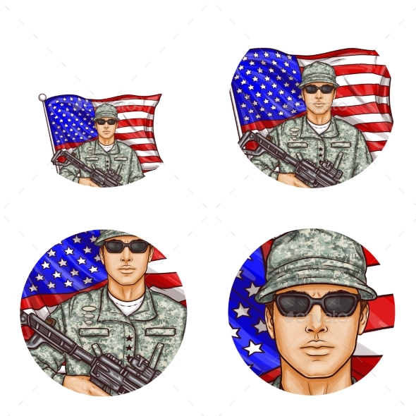 Vector US Flag Soldier Pop Art Avatar Icons