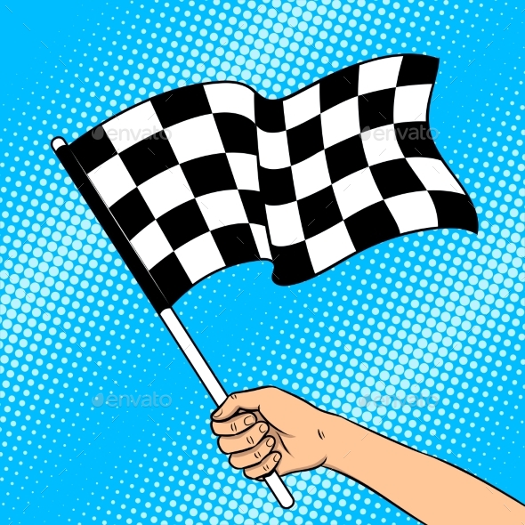 Racing Flag in Hand Pop Art Vector Illustration - Sports/Activity Conceptual