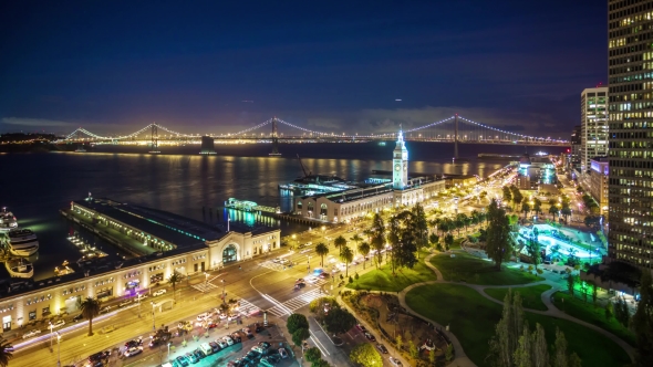 Night  of the Ferry Building and Bay Bridge in San Francisco