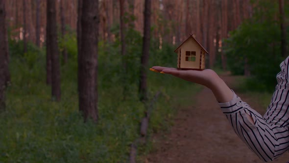 Close Up of Woman's Hand Holding Small Wooden House in Forest alt