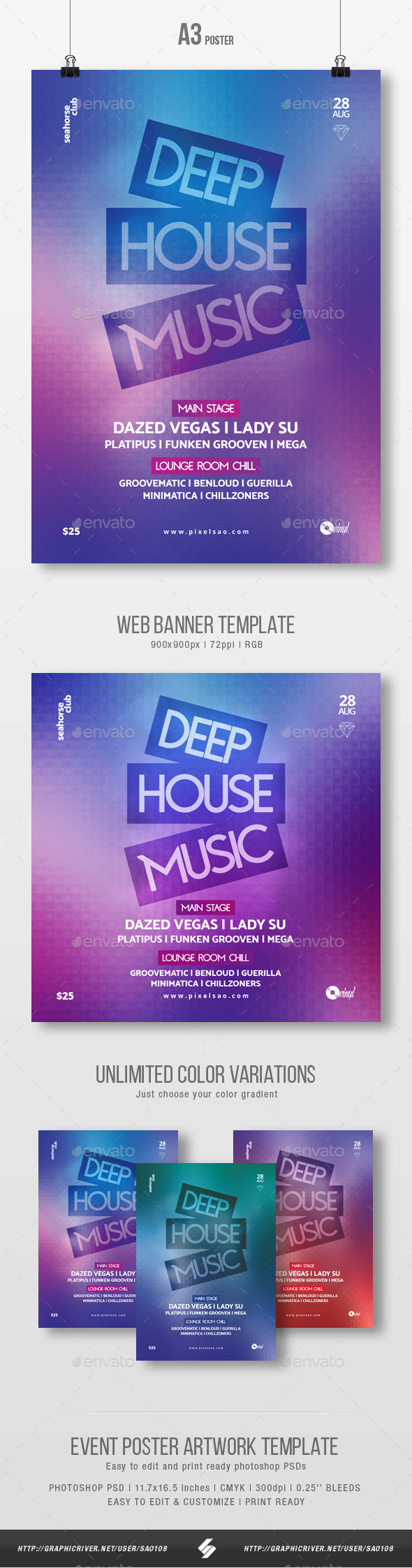 Deep House Music - Party Flyer / Poster Template A3 - Clubs & Parties Events