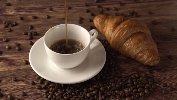 Coffee Break Times. Aroma of Hot Black Americano Coffee with Croissants Bakery a Good Refreshing